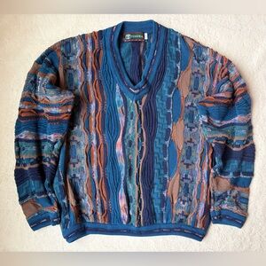 Vintage Tundra Canada V-Neck “Coogie Style” Sweater in Blue and Brown Size Large